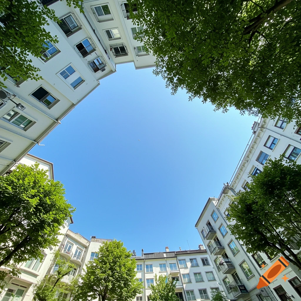 View looking up at white buildings and trees surrounding a bright blue sky.