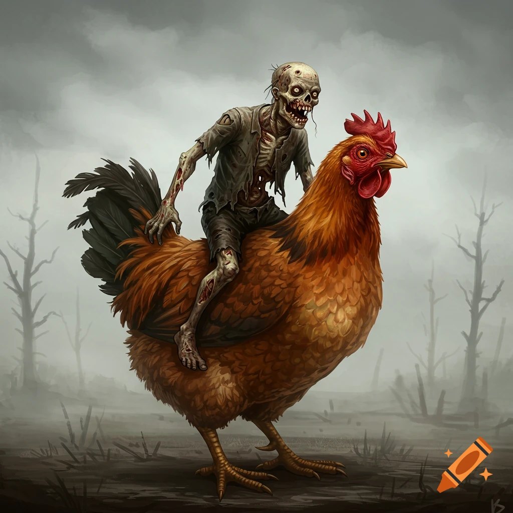 A zombie rides a large chicken through a barren landscape.