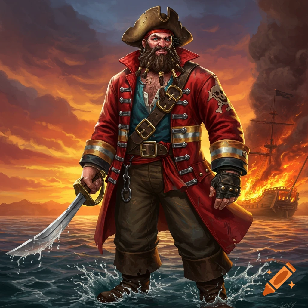 A pirate with a sword standing in water, a burning ship in the background at sunset.