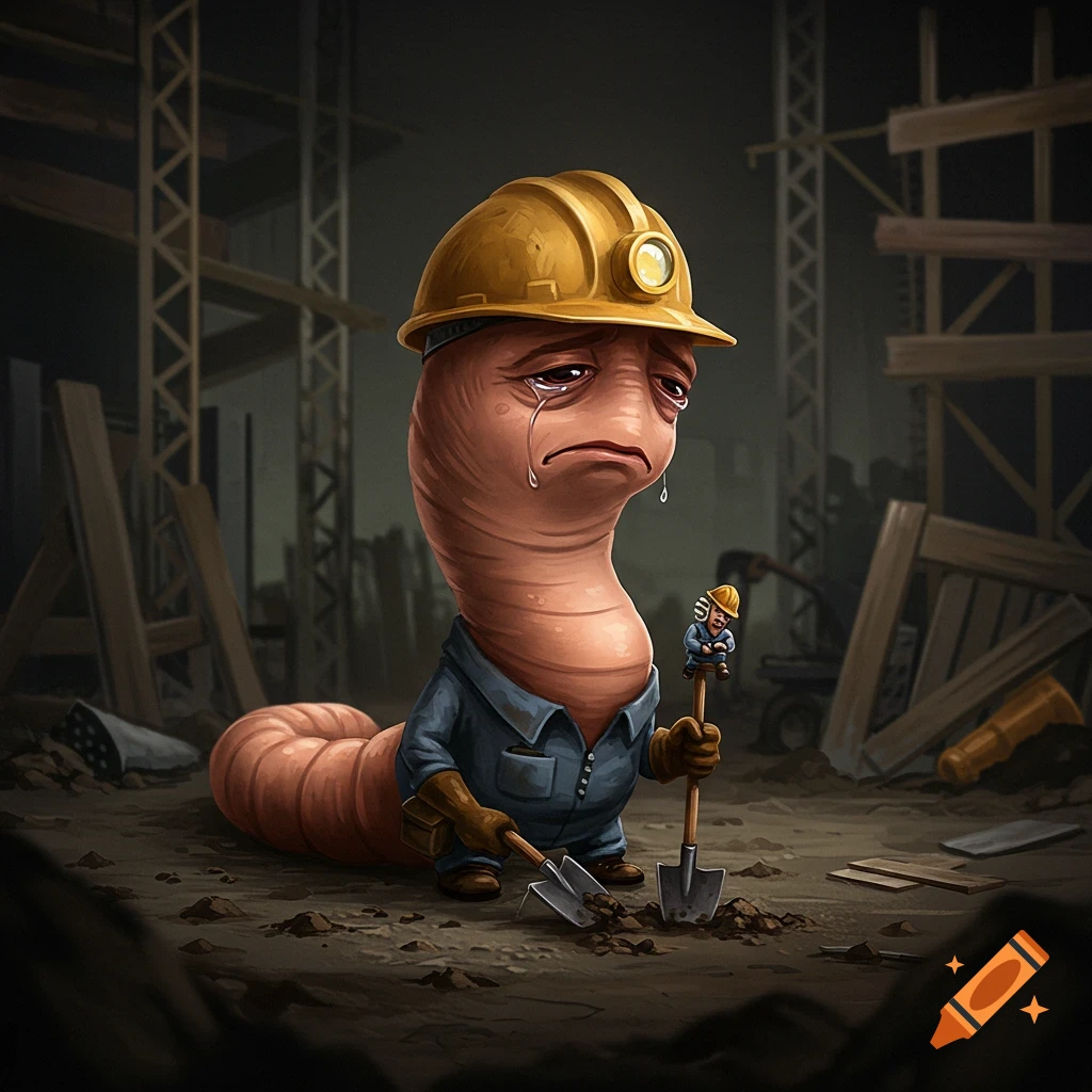 A sad cartoon worm wearing a hard hat and work clothes, holding a shovel at a construction site.