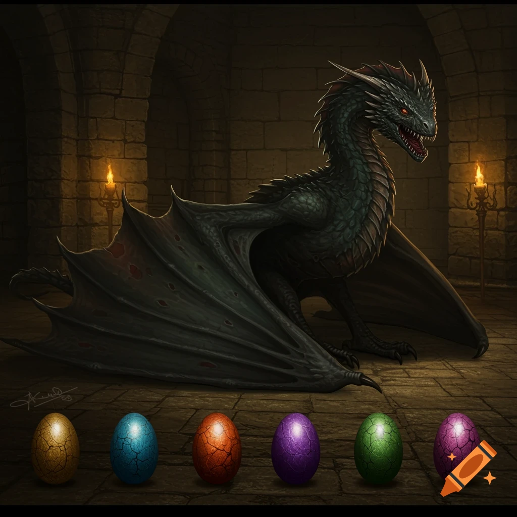 A dark green dragon sits in a dungeon with six colorful dragon eggs in front.