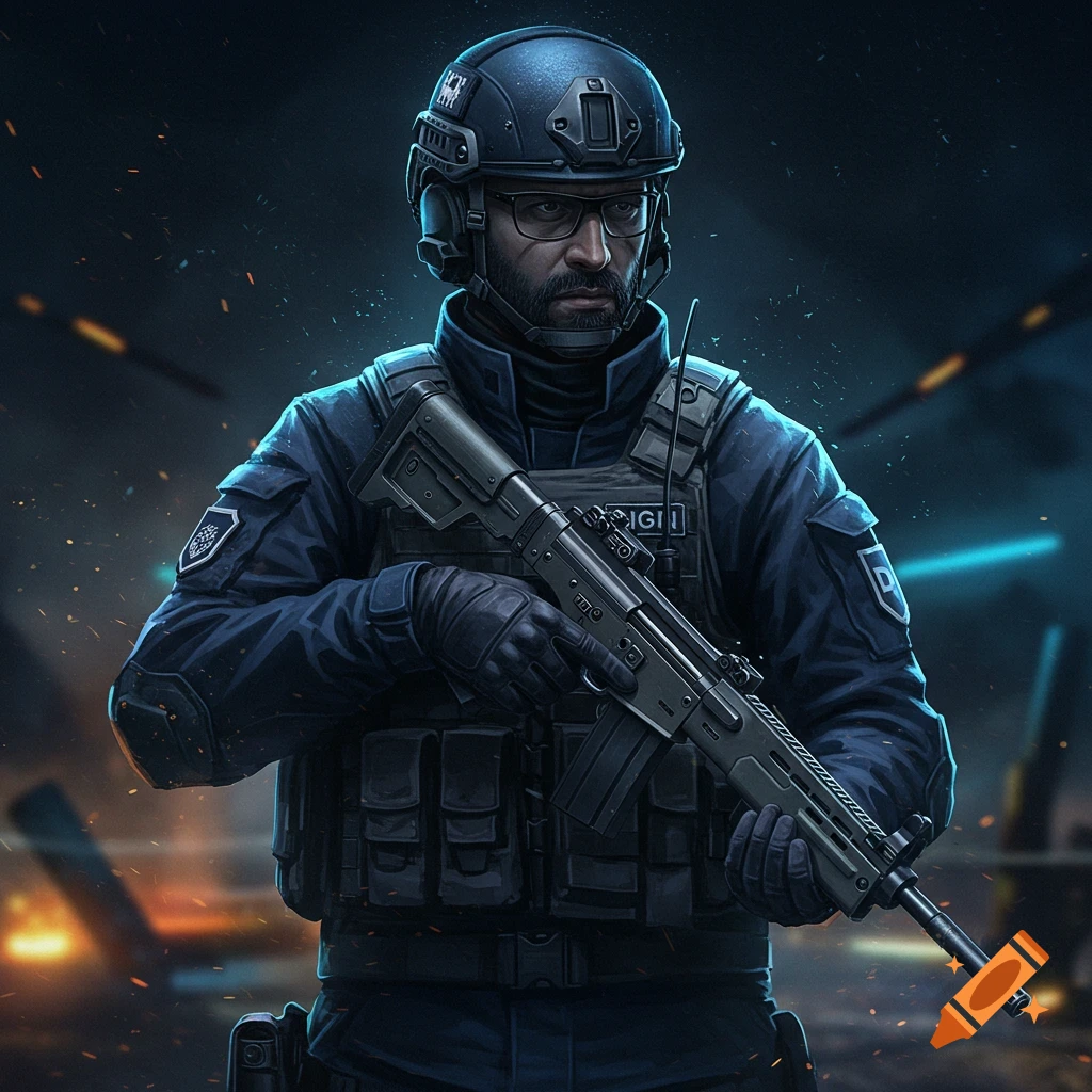A tactical operator in armor holding a rifle