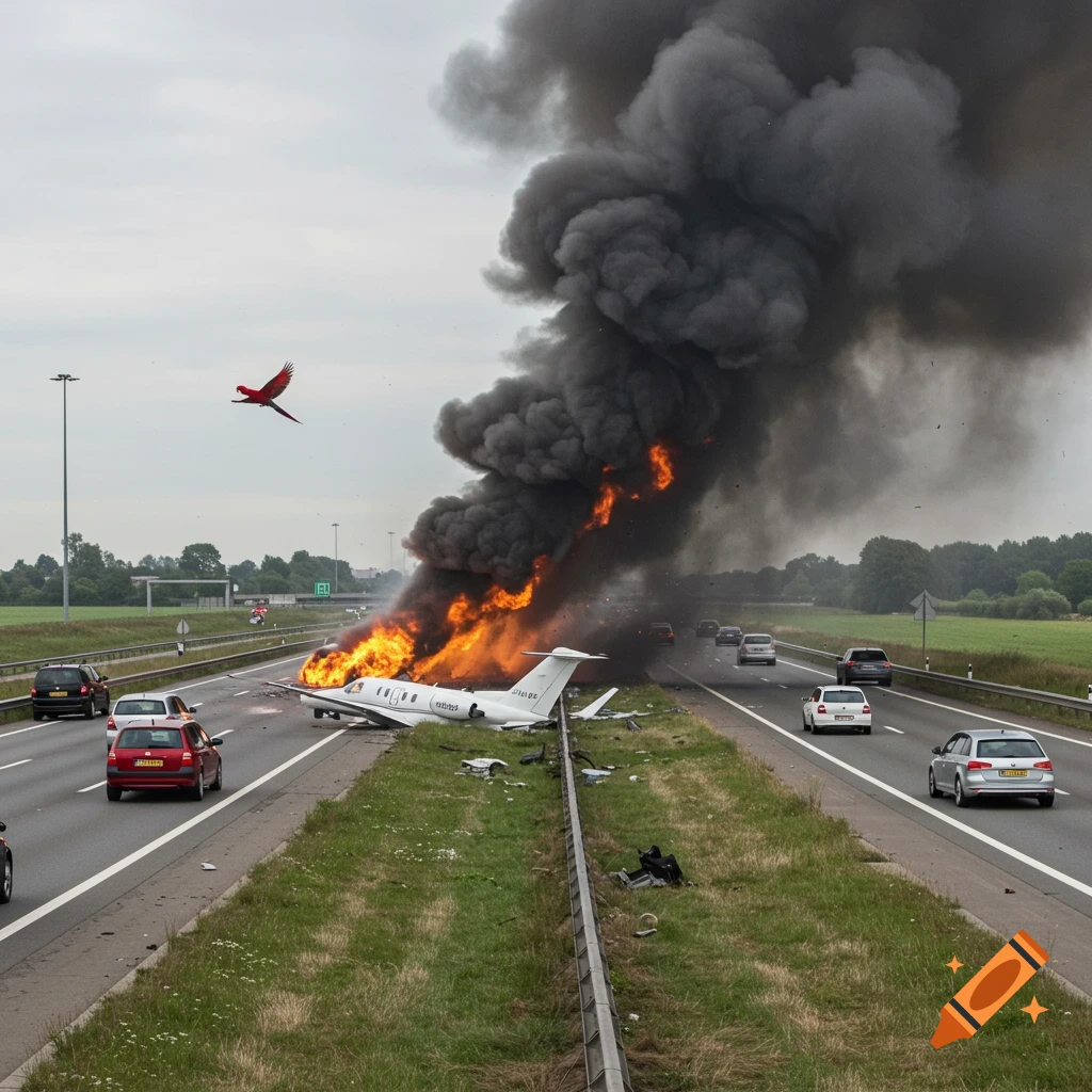 A small white jet plane has crashed on a highway and is engulfed in flames and black smoke, with cars stopped nearby. A red parrot flies overhead.