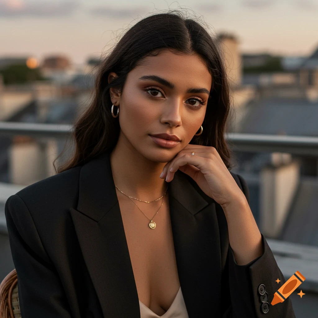 Portrait of a woman in a black blazer and jewelry on a rooftop at sunset.