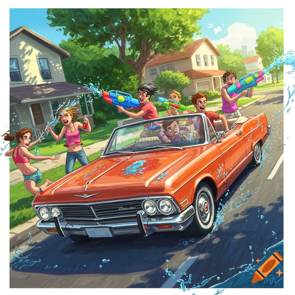 Illustration of kids in a classic orange convertible having a water gun fight on a sunny street.