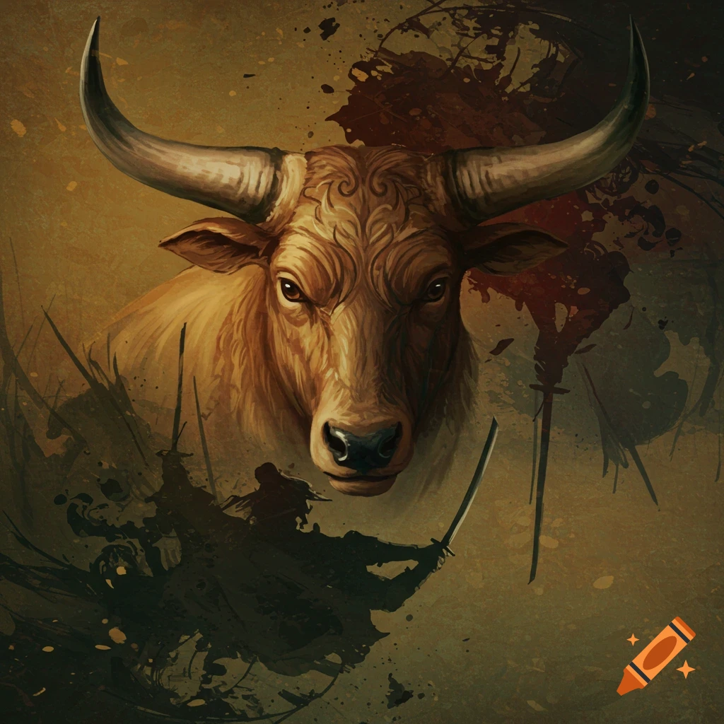 A bull's head is positioned above a silhouetted samurai wielding a sword, with paint splatters surrounding them.