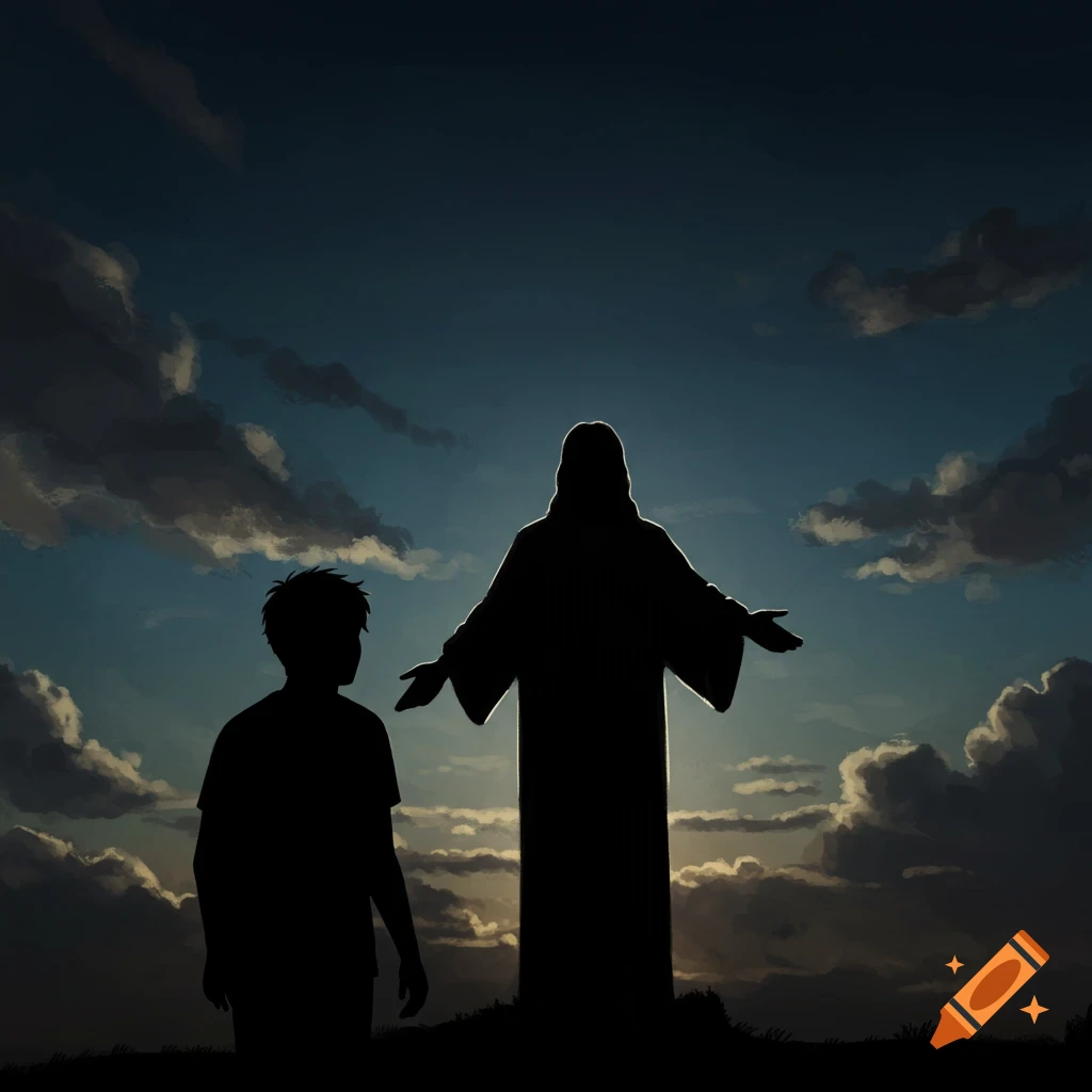 Silhouettes of a person and a figure resembling Jesus against a sunset sky.