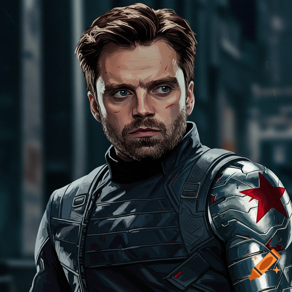 Bucky Barnes as the Winter Soldier with his metal arm.
