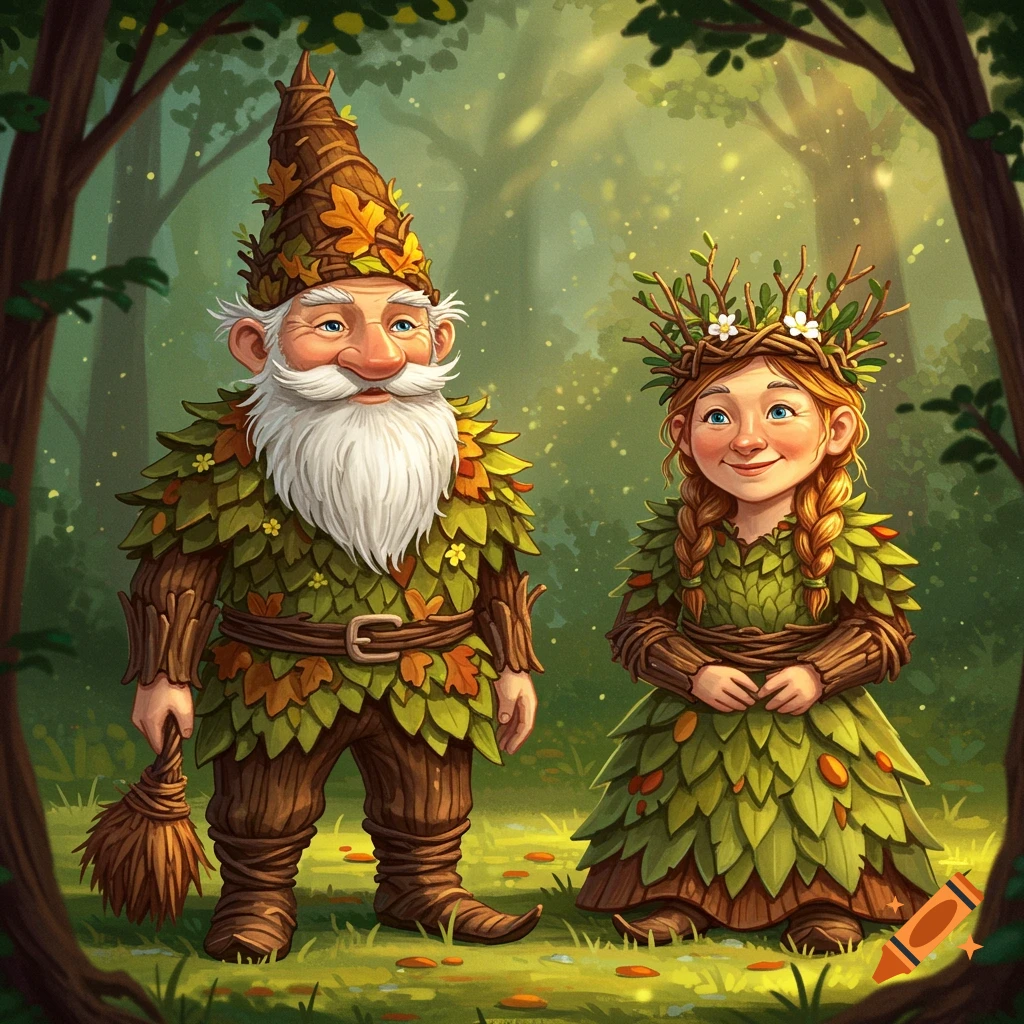 Two gnomes, a male and a female, dressed in leafy costumes stand in a whimsical forest.