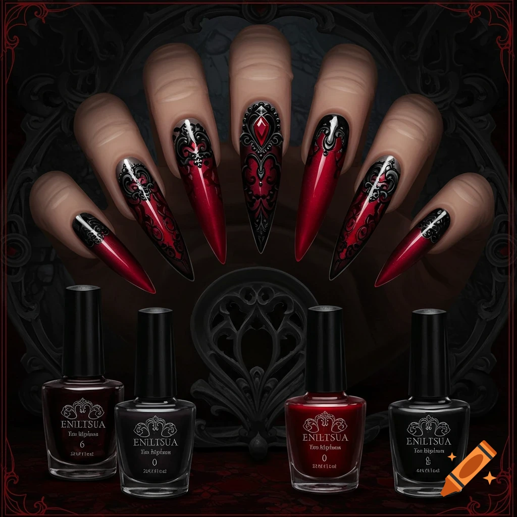 Hands with red and black gothic nails and matching nail polish bottles.