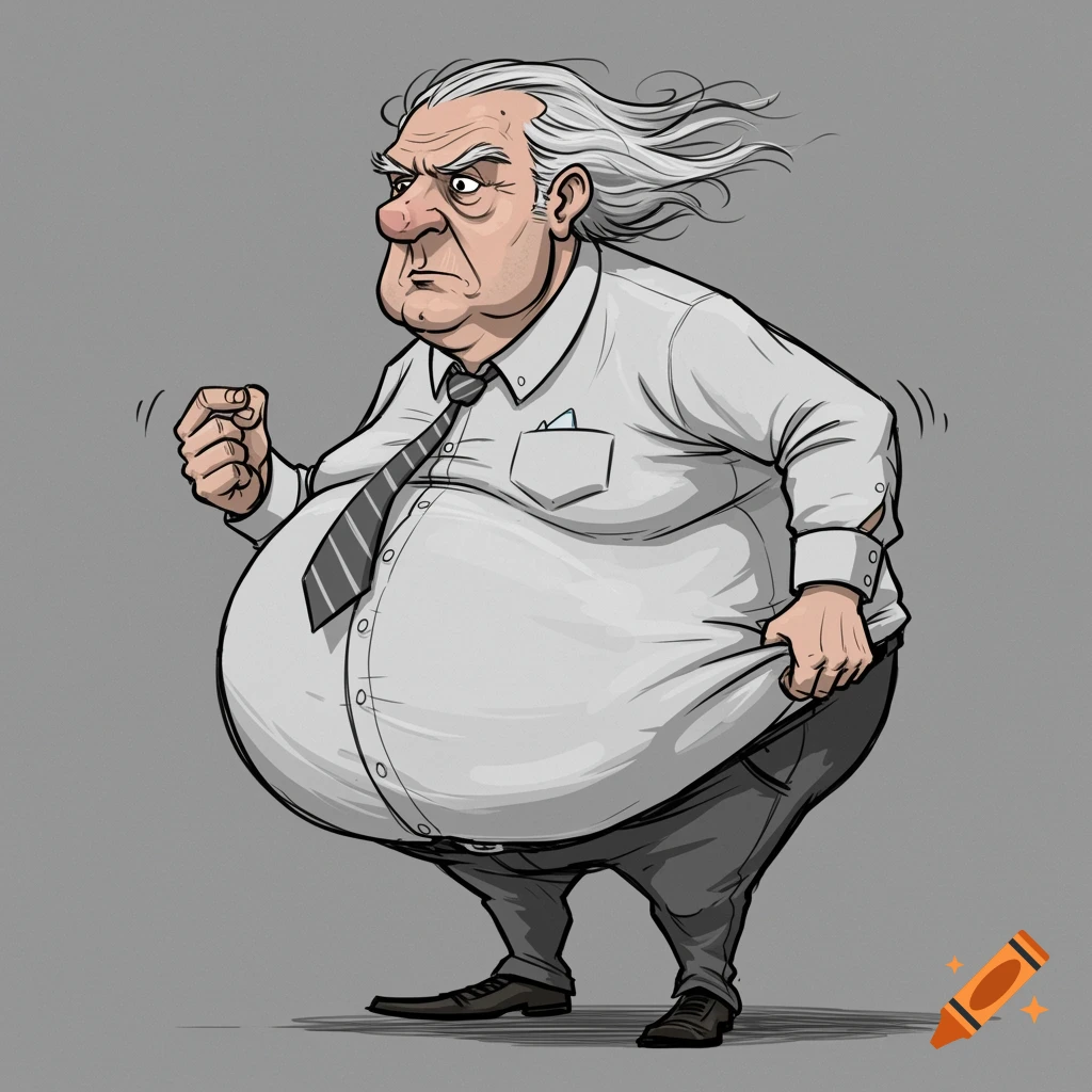 Cartoon of an angry, overweight old man in a shirt and tie pulling at his stomach.