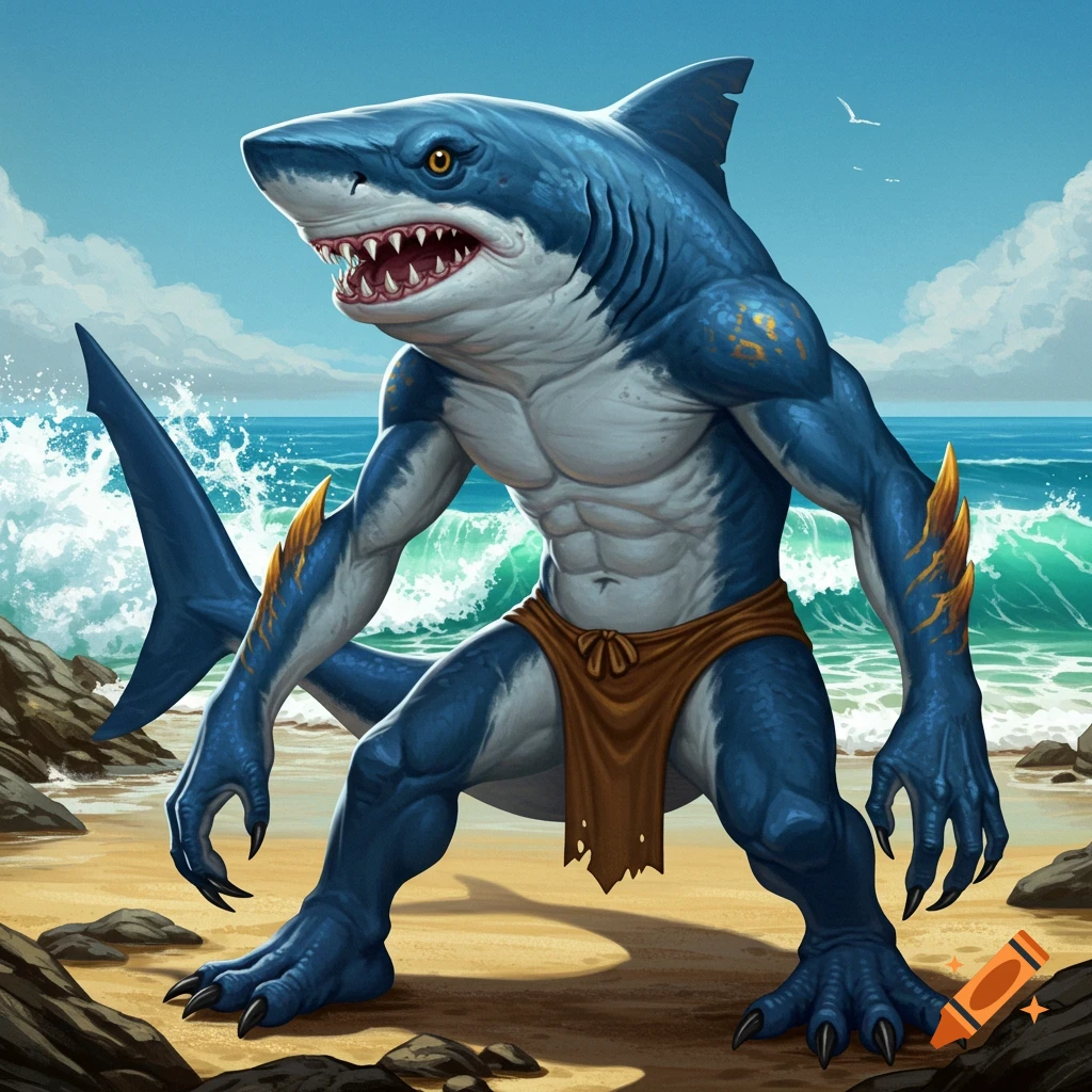A muscular, humanoid shark creature stands on a beach with waves behind it.