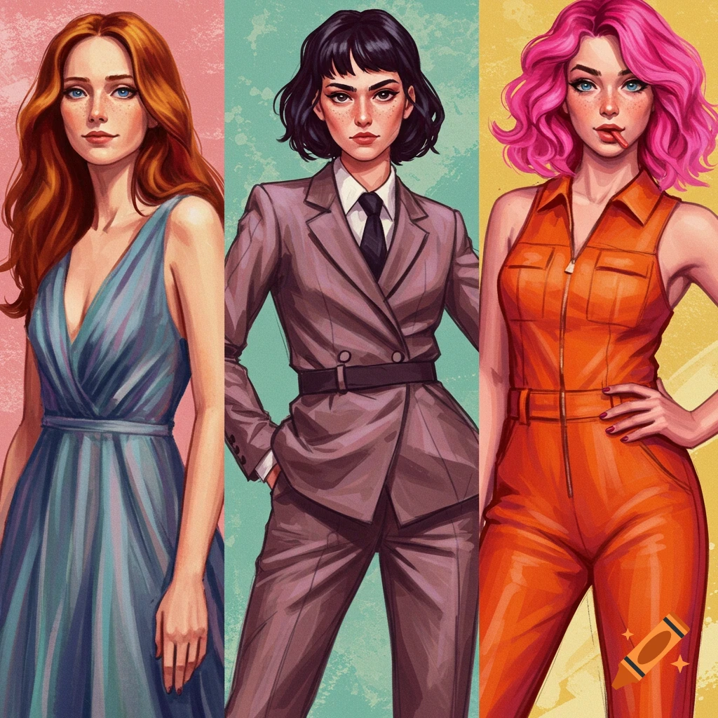Three women with different hair colors wearing a blue dress, a gray suit, and an orange jumpsuit.