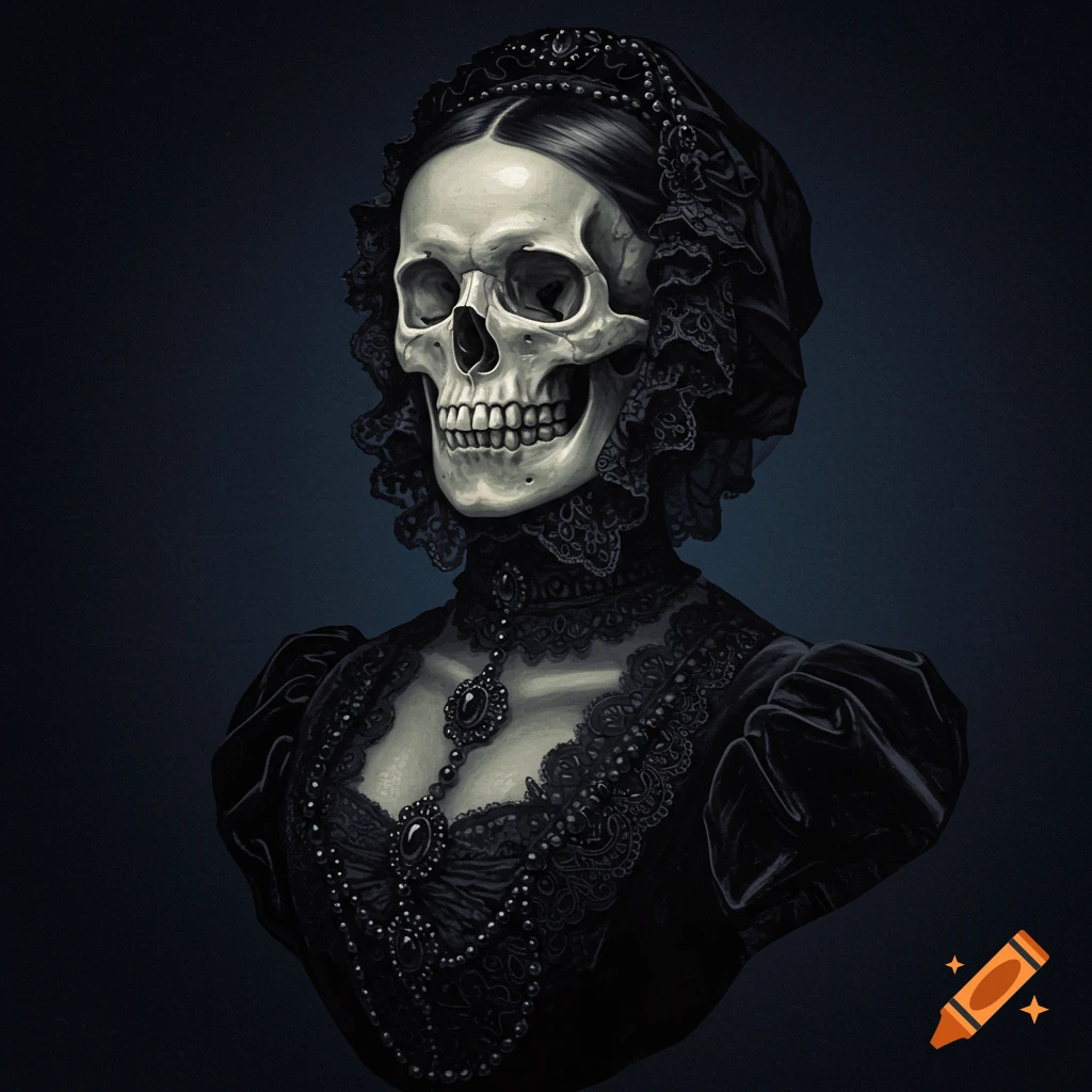 Gothic skull bust wearing a lace dress and beaded jewelry.