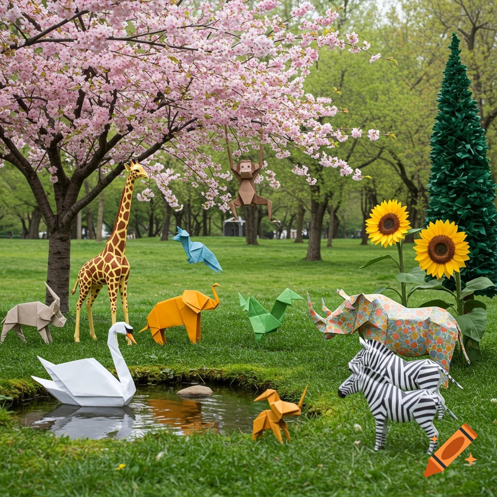 Photographic scene of origami animals, including a giraffe, swan, and rhino, in a park with a pond and flowering tree.