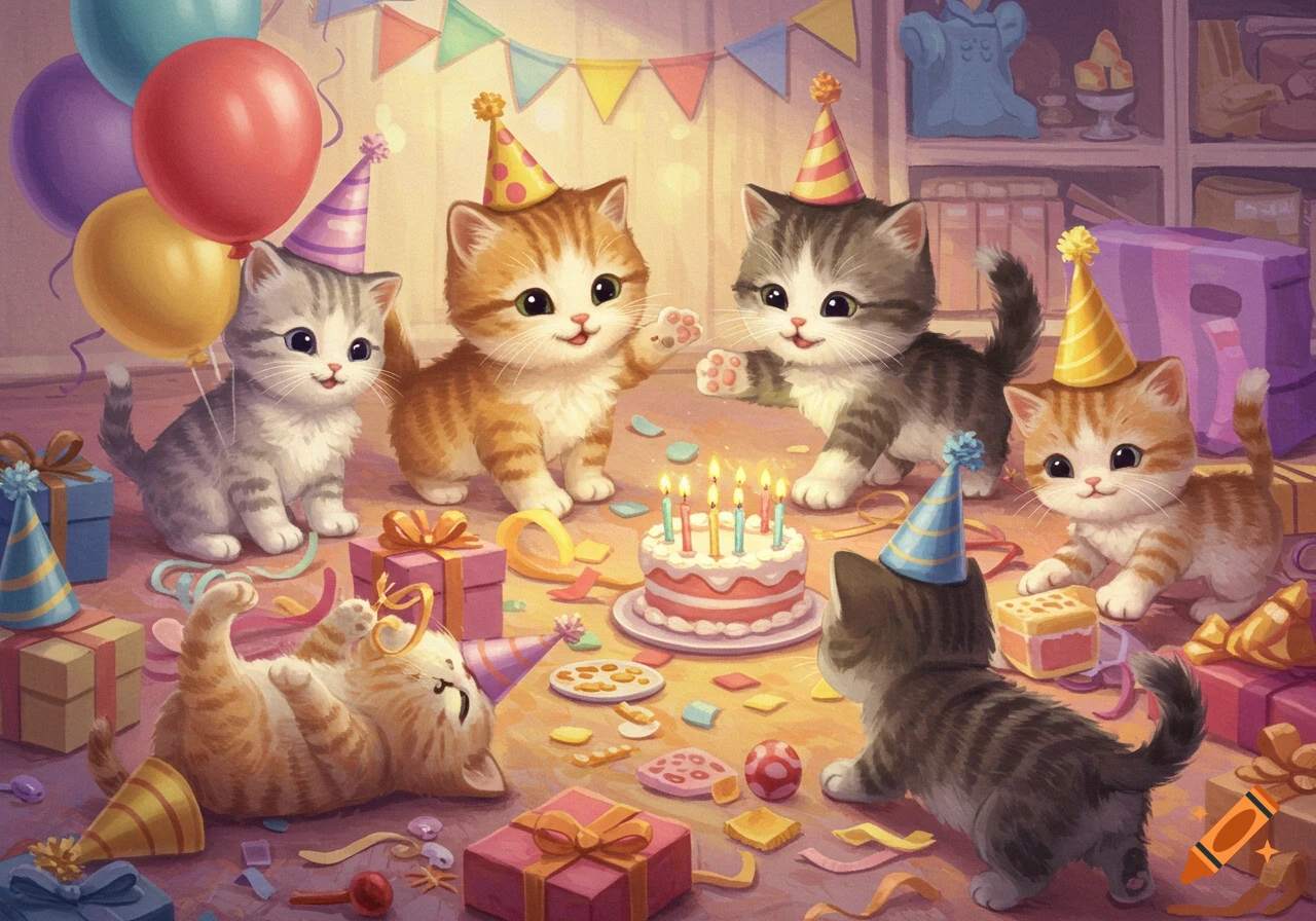 Cute kittens playing at a birthday party with balloons, presents, and cake.