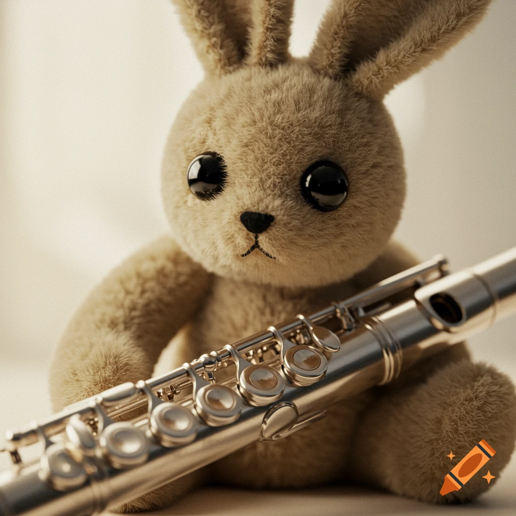 A close-up photograph of a fluffy brown plush bunny holding a silver flute.