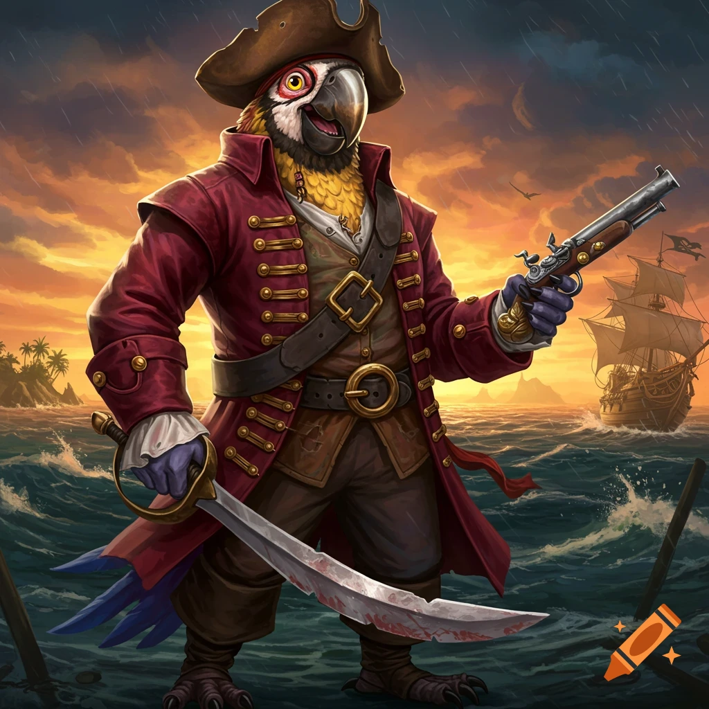 A pirate macaw birdperson holding a sword and pistol, standing near the ocean with a ship in the background.