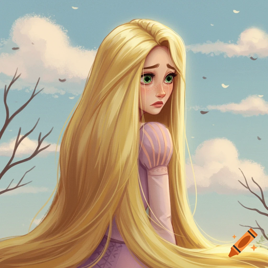 Rapunzel with long blonde hair looking sad, set against a cloudy sky.