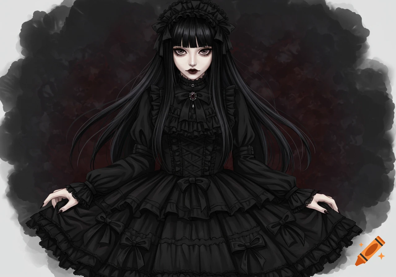 A pale woman in a black gothic lolita dress stares forward, digital art.