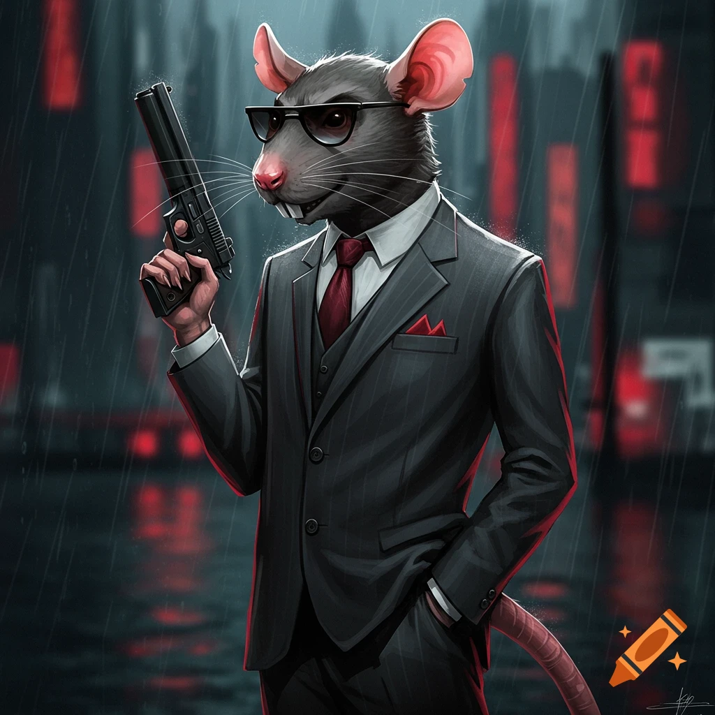 A rat in a suit with sunglasses holding a gun in a rainy city street.