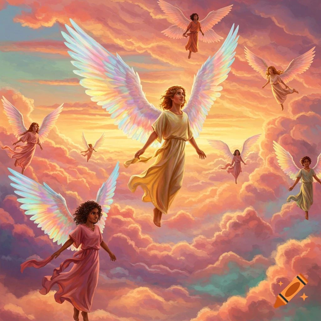 Multiple angels with large wings flying through colorful clouds at sunset.