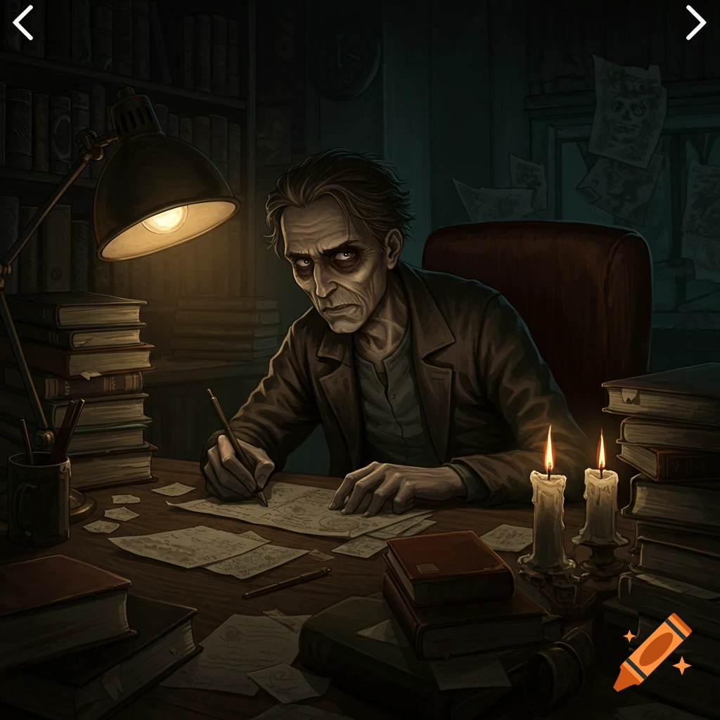 A gaunt horror writer with dark eyes, writing at a desk lit by a lamp and candles, surrounded by books and papers.