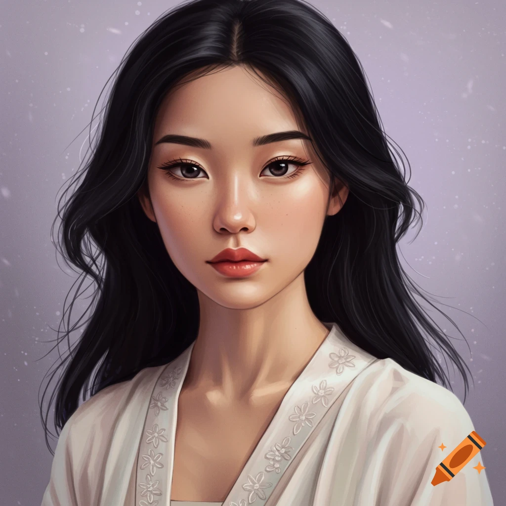 A portrait of a young Asian woman with long dark hair, wearing a white garment with embroidered flowers.