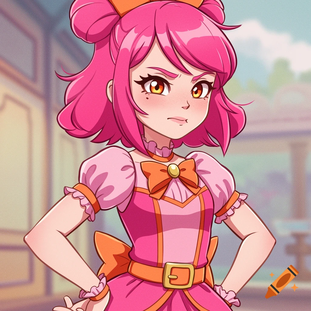 Anime girl with pink hair and orange eyes in a pink dress, hands on hips.
