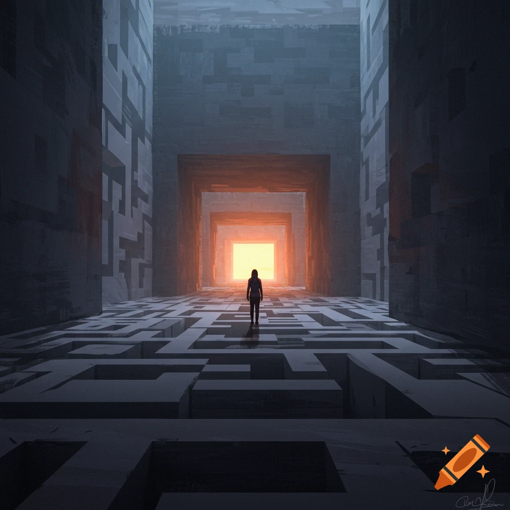 A person stands in a vast dark dystopian maze towards a bright light. Digital art.