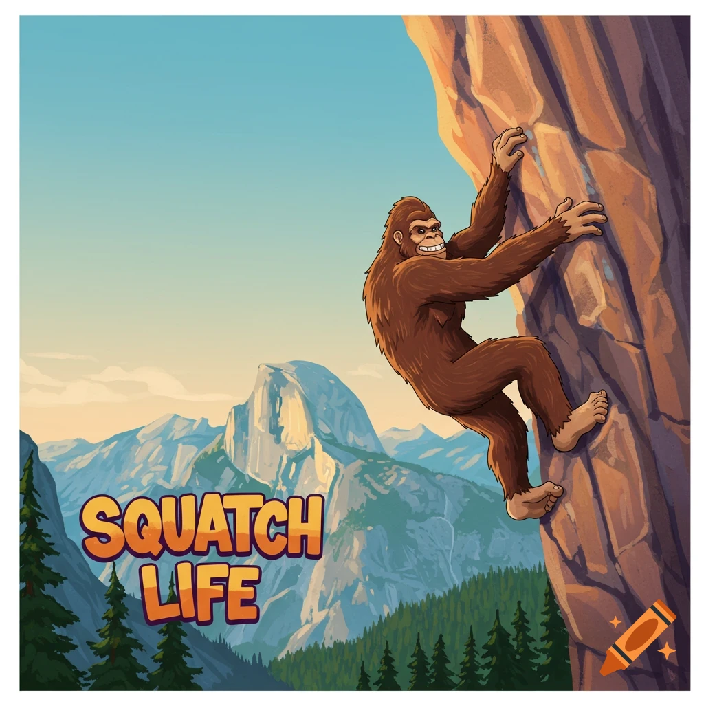 Bigfoot rock climbing with mountains in the background. Text reads 'Squatch Life'.