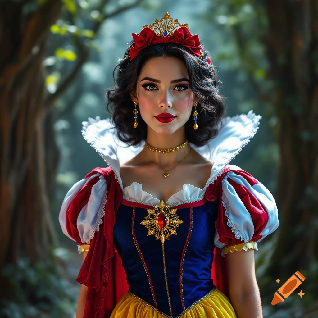 Portrait of a woman dressed as Snow White in a forest.