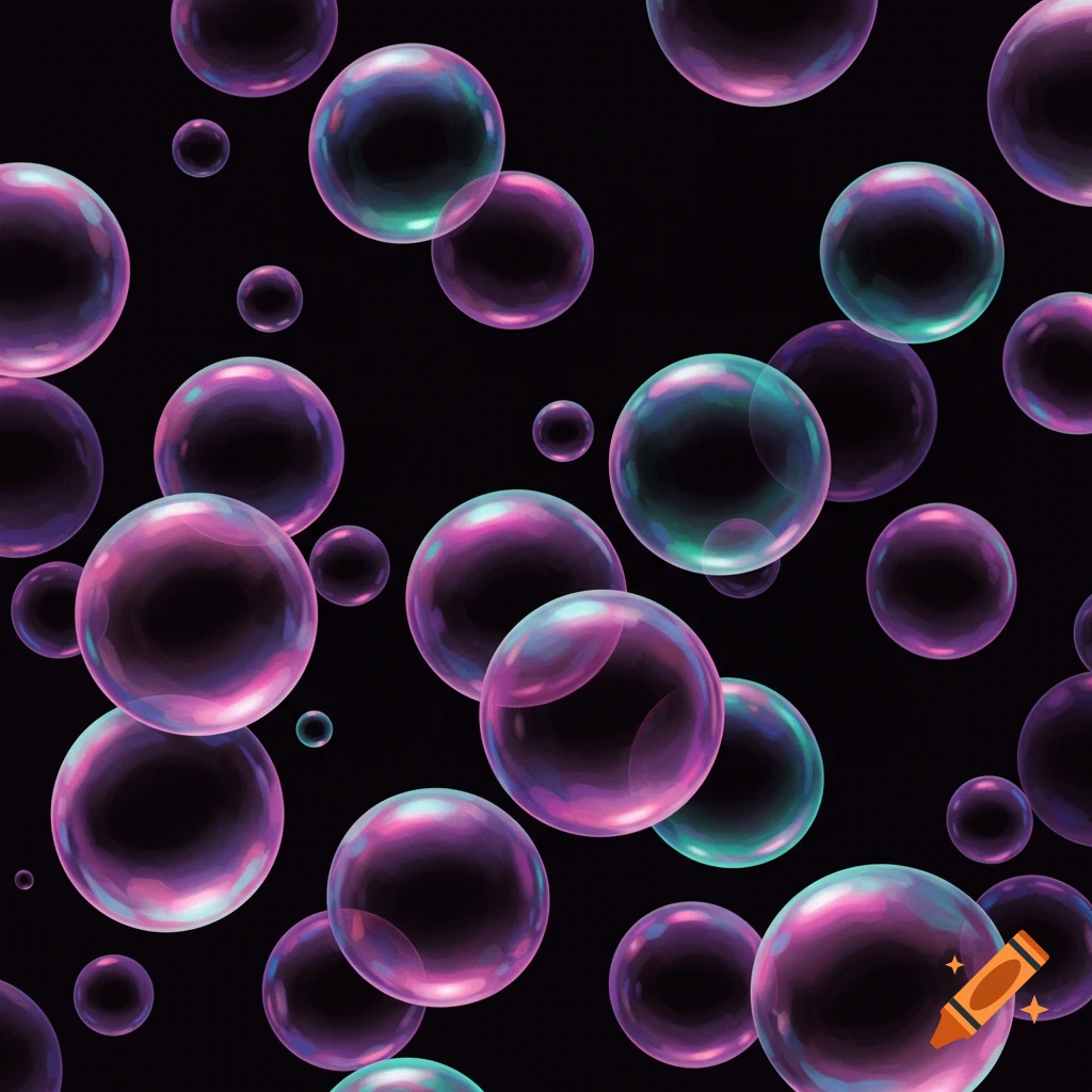 Colorful transparent bubbles float on a black background.