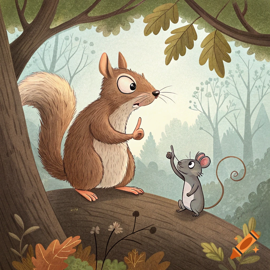A cartoon squirrel stands on a log talking to a small mouse, both pointing upwards in a forest.