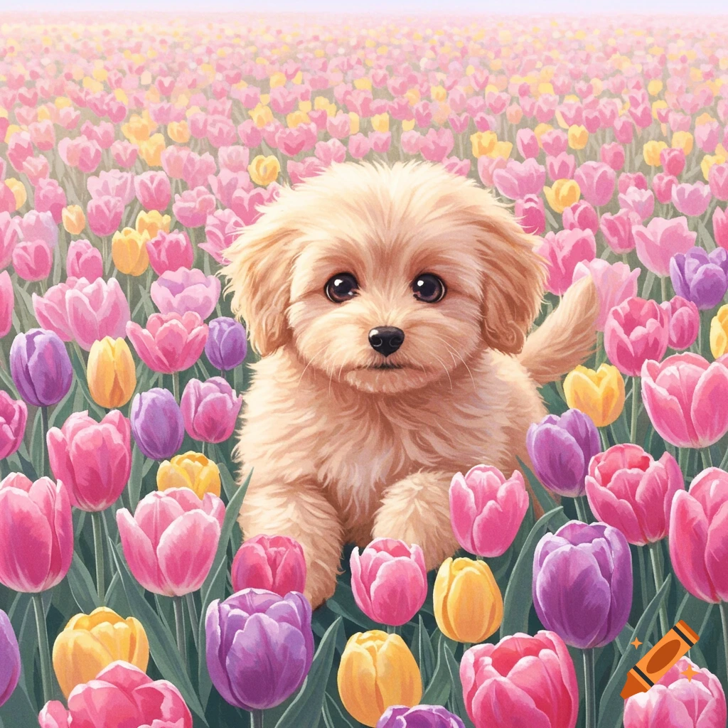A cute puppy sits in a field of pink, purple, and yellow tulips.