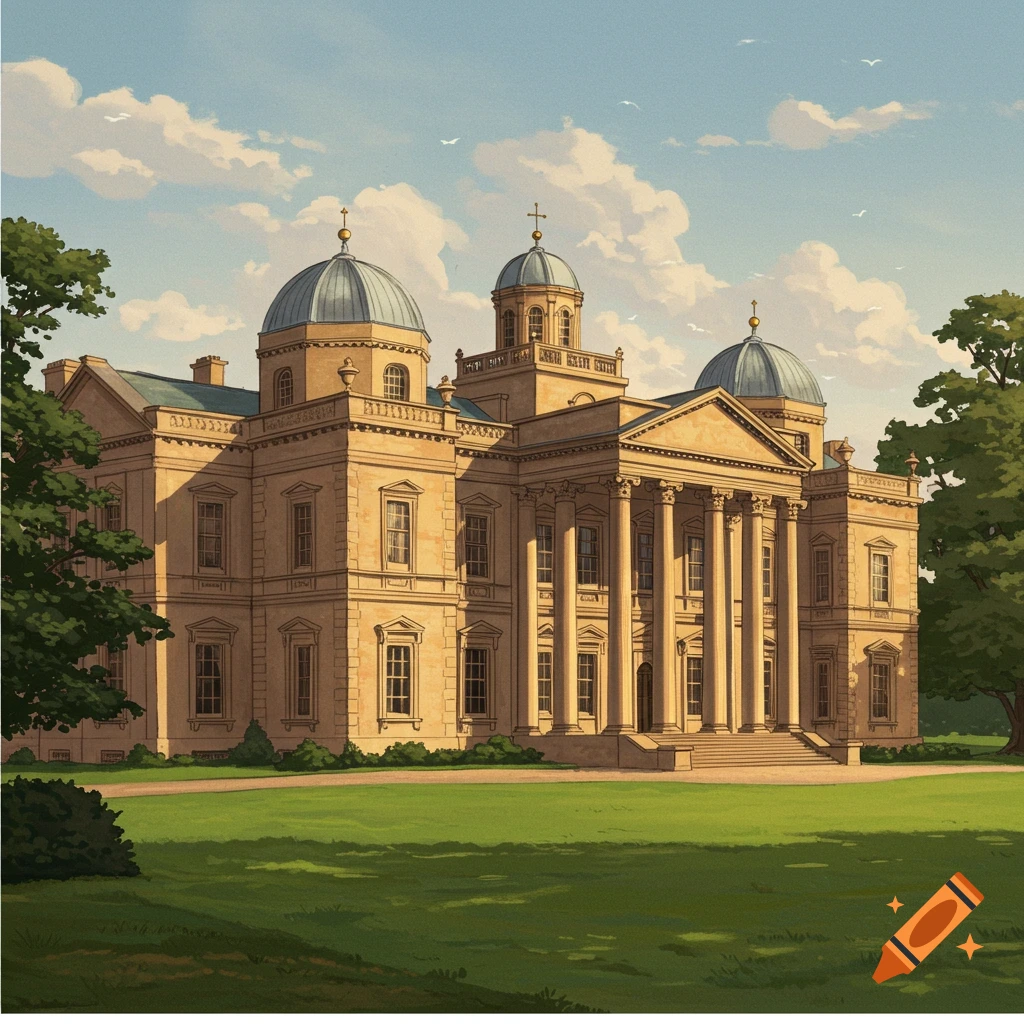 A large, classical building with domes and columns, set in a green lawn with trees under a cloudy sky.