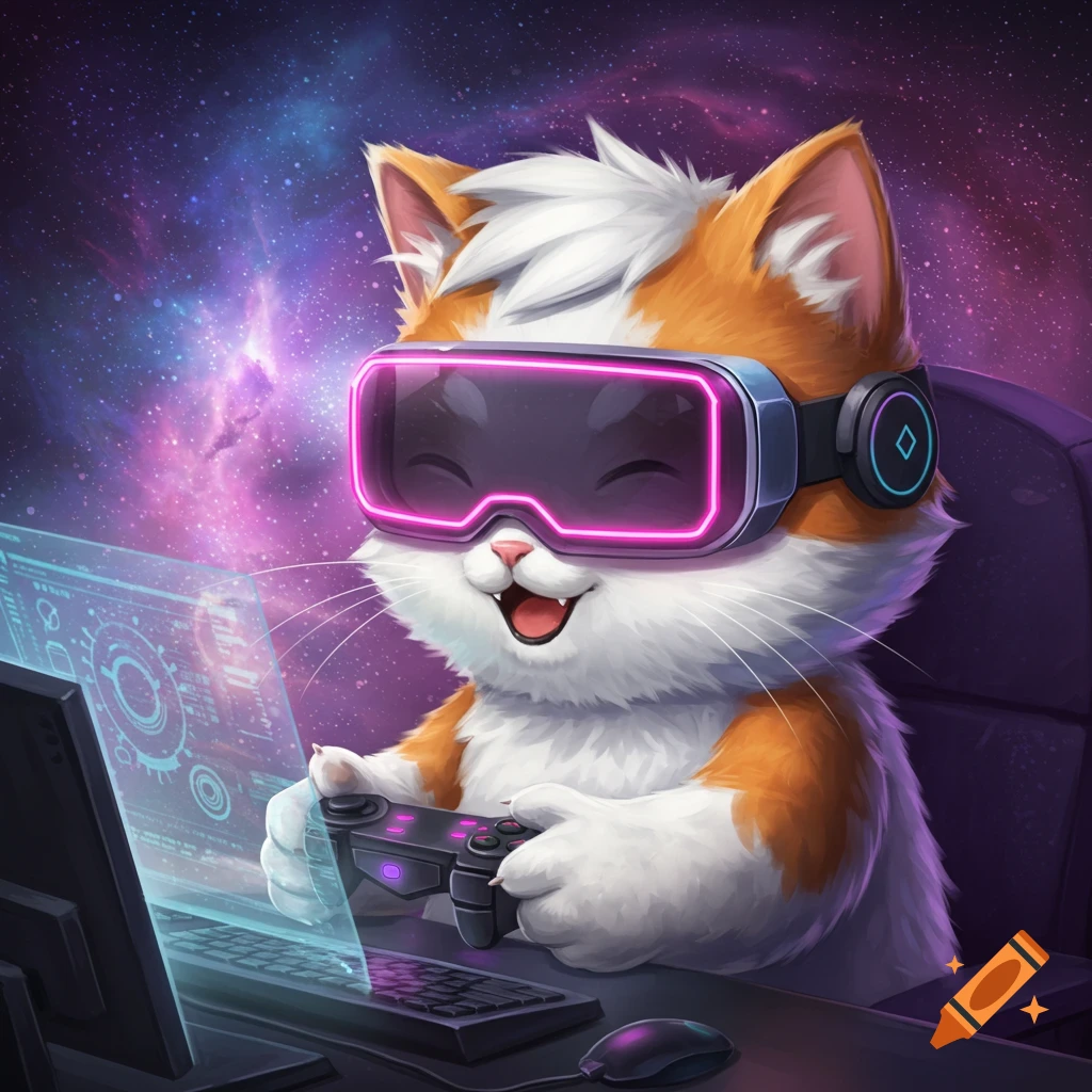 A cute cartoon cat wearing VR goggles plays a video game with a controller in a space setting.