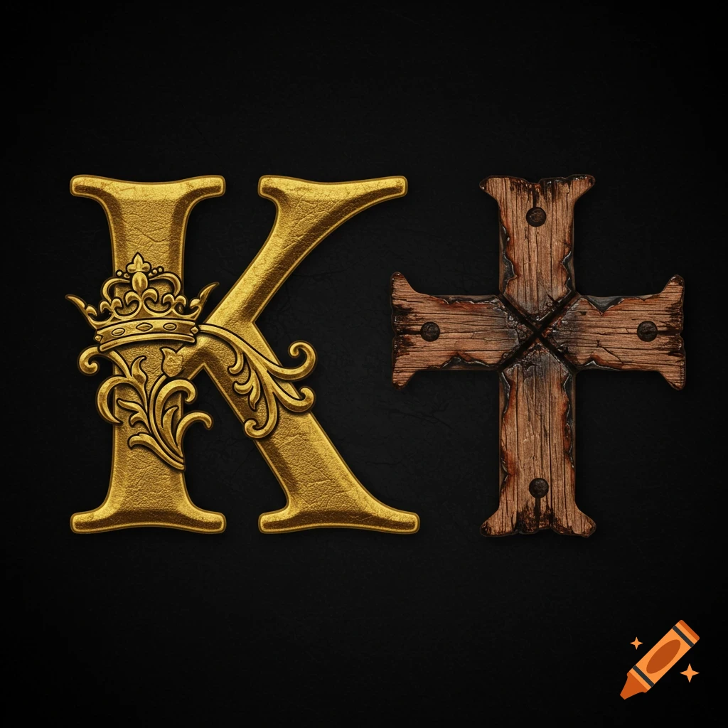 A golden letter K with a crown is shown next to a wooden cross.