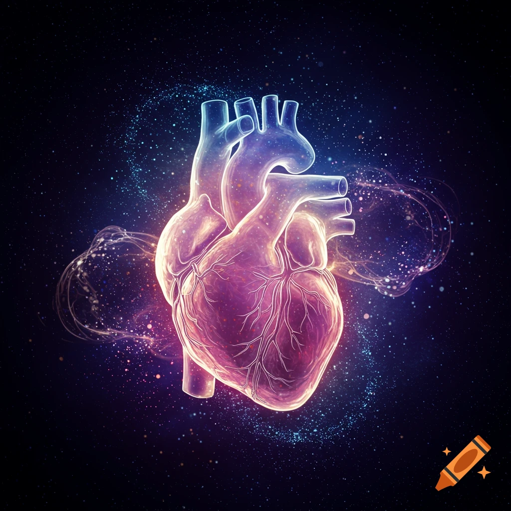 Stylized glowing heart in a dark, starry background with energy trails
