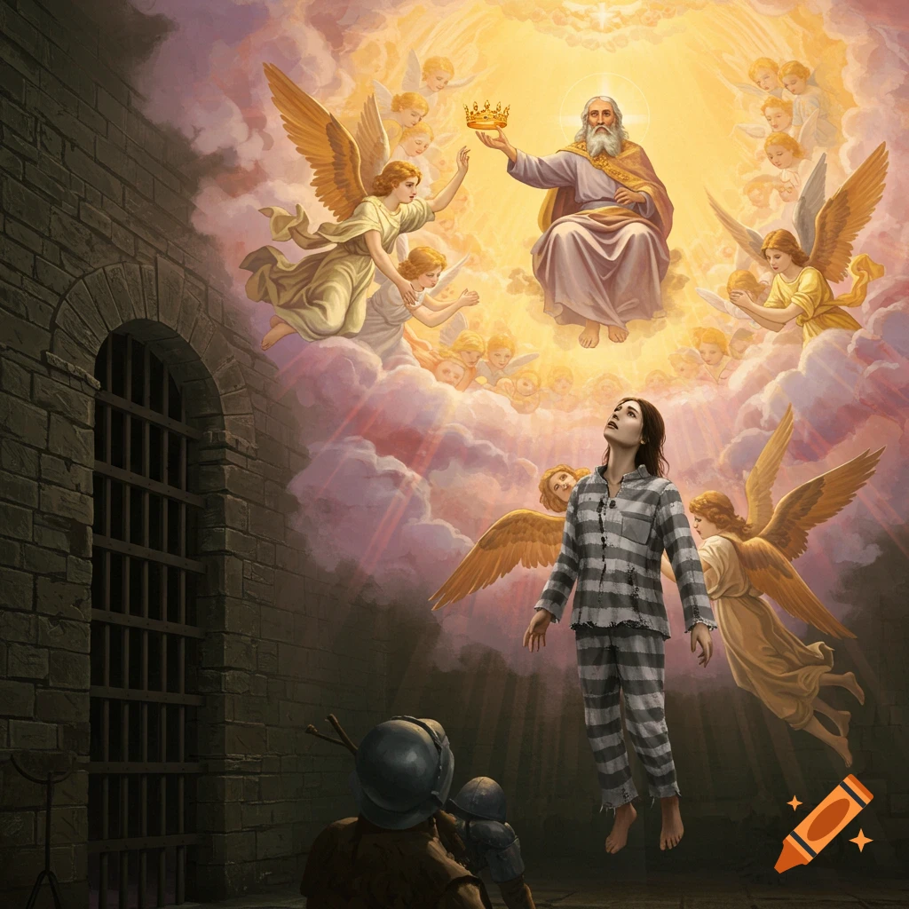 A woman in a striped prison uniform is lifted to heaven, surrounded by angels and God, who holds a crown.