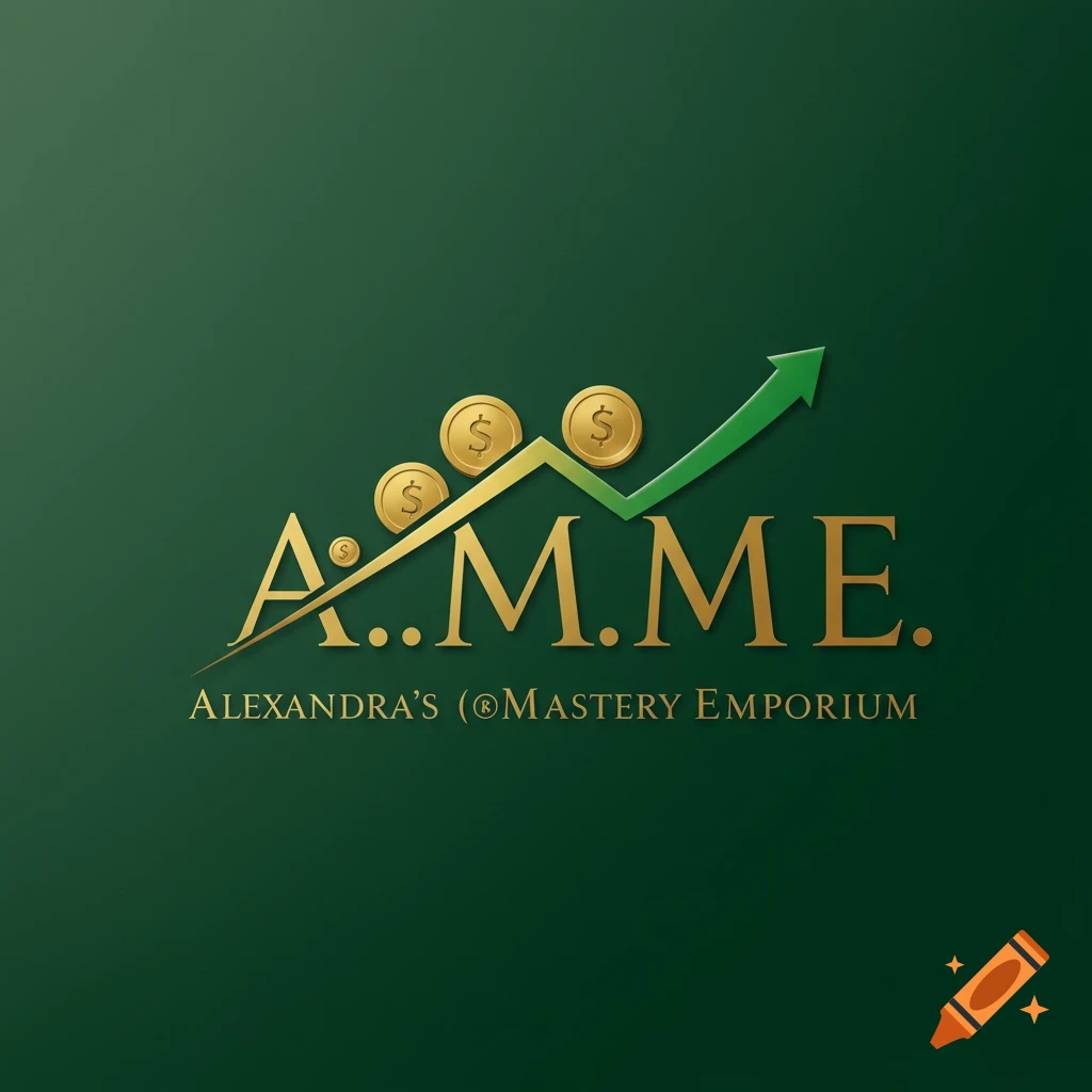 Green and gold logo with upward arrow, coins, and text A...M.M.E. Alexandra's (R)Mastery Emporium.