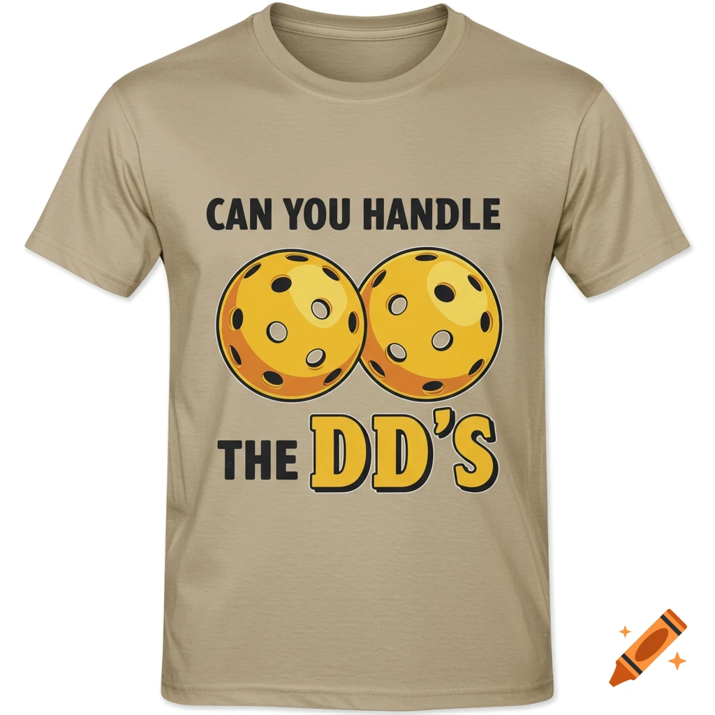 Tan t-shirt with two pickleballs and text 'CAN YOU HANDLE THE DD'S'.