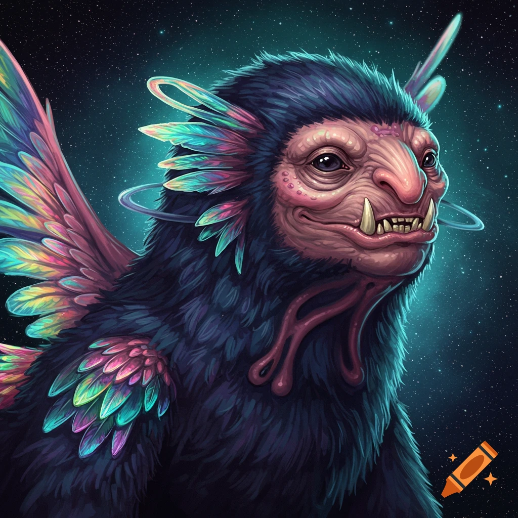 A furry fantasy creature with a wrinkled face, fangs, colorful feathers, and rings against a starry background.