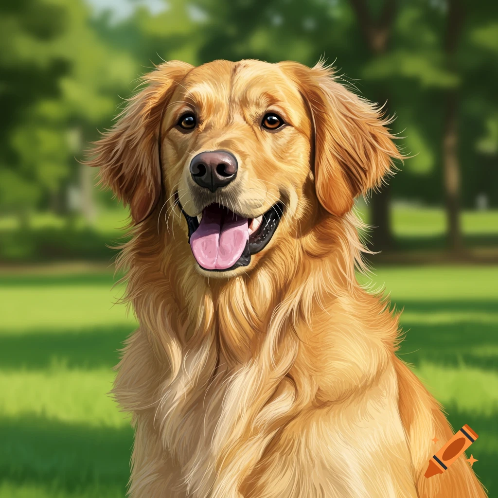 Detailed drawing of a golden retriever dog smiling in a park