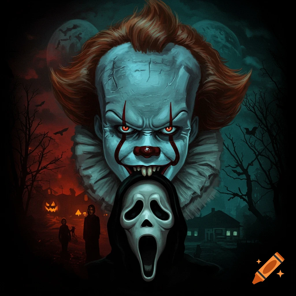 Pennywise the clown and Ghostface from Scream in a spooky Halloween setting.