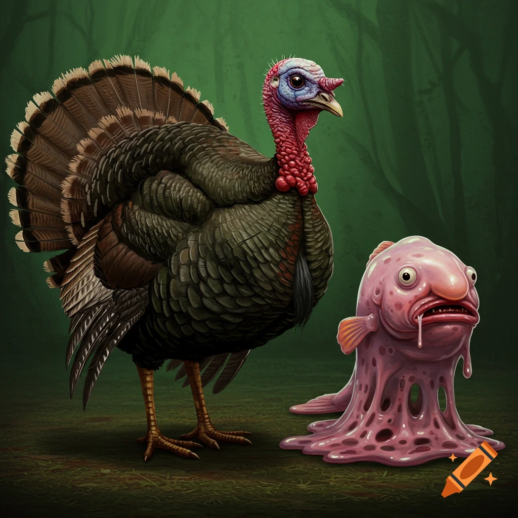 A turkey standing next to a strange pink blobfish creature in a forest.