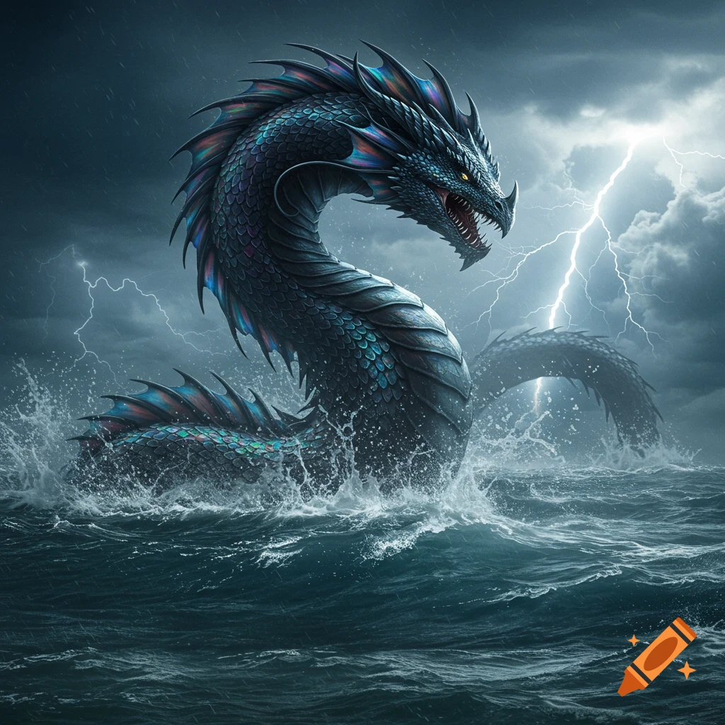 A giant sea dragon with dark, iridescent scales emerges from stormy water with lightning.