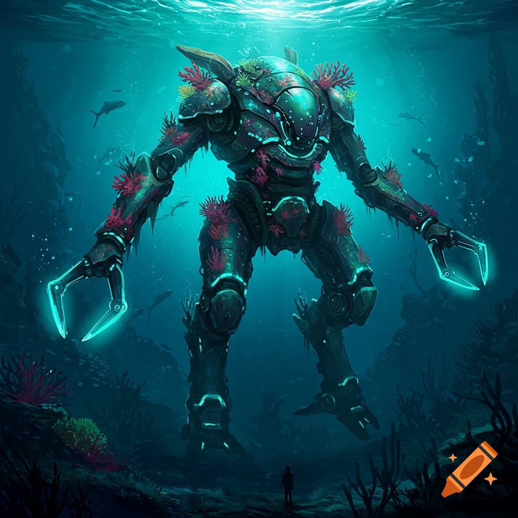 A giant underwater mech stands on the seabed with a small human figure