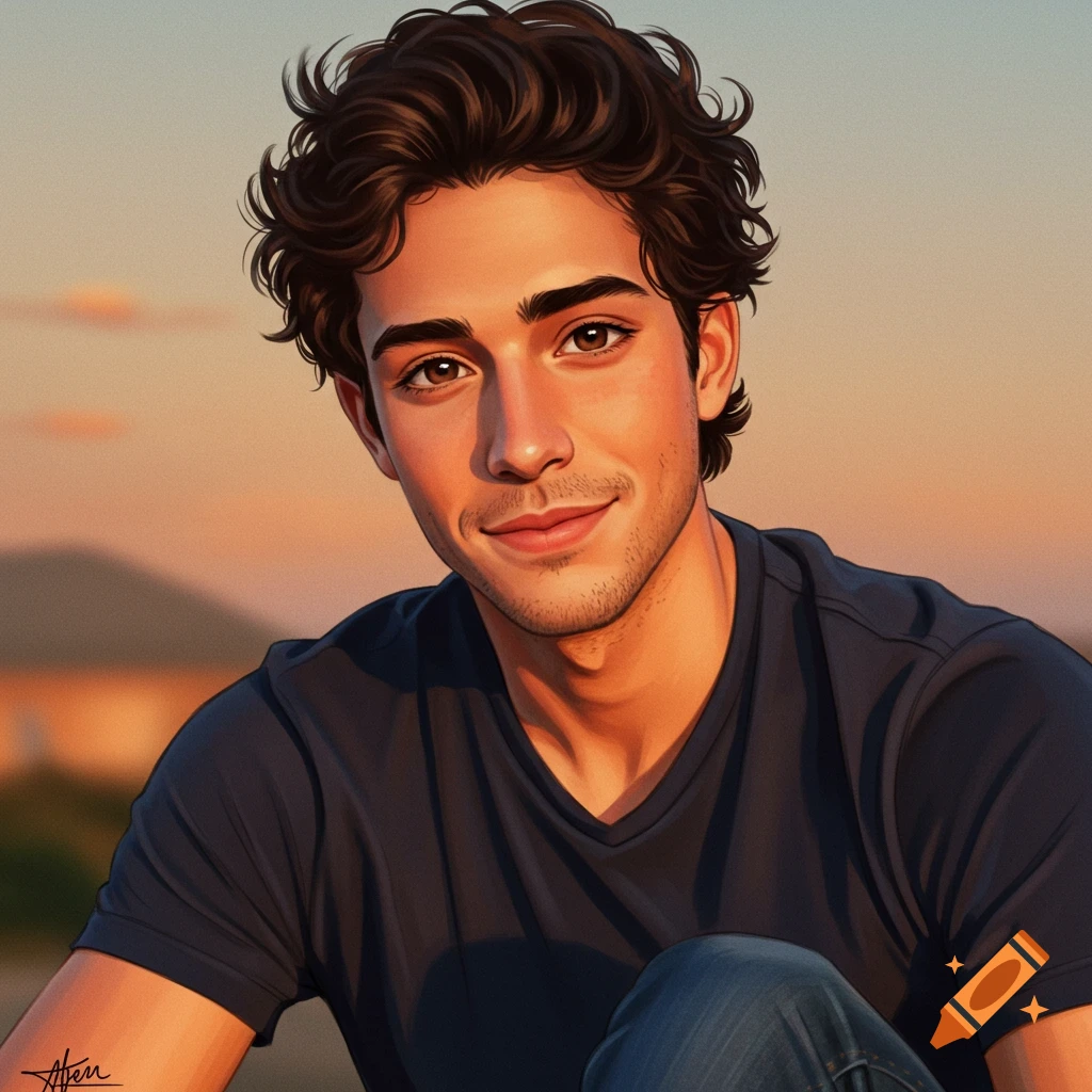 A young man smiling against a sunset background.