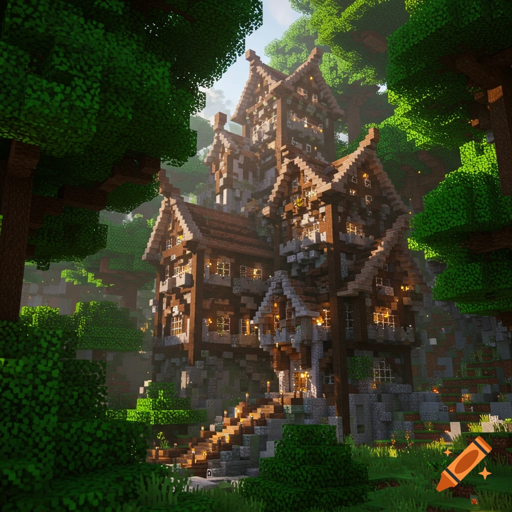 A detailed Minecraft-style castle in a forest setting.
